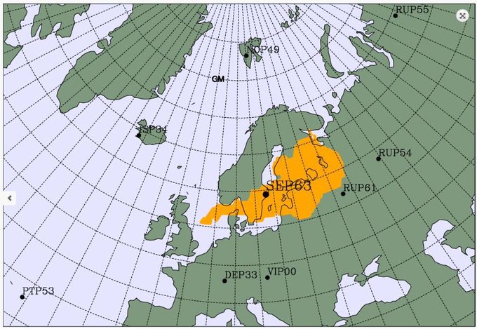 Map showing possible source region for radioisotopes detected by Swedish monitoring station on June 22 and 23, 2020.