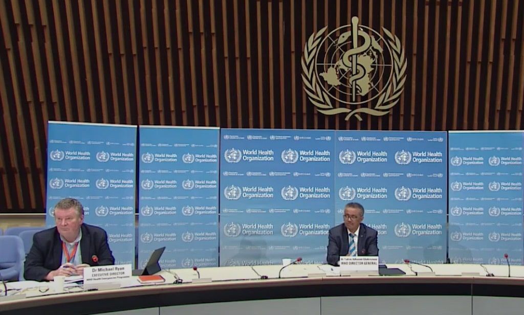 Director of the WHO Health Emergencies Programme, Michael Ryan, and WHO Director-General Tedros Adhanom Ghebreyesus at a live-streamed COVID-19 briefing on May 6, 2020. (WHO/YouTube)