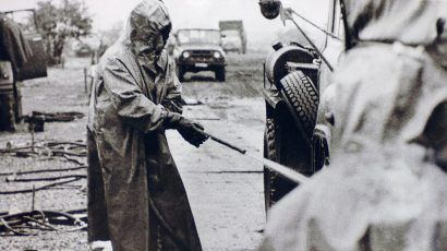 A Soviet military reservist helps with the decontamination effort after the Chernobyl accident.