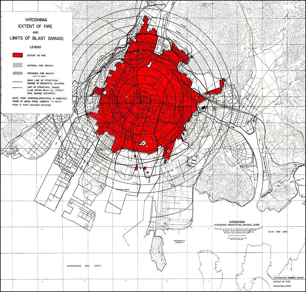 Hiroshima blast and fire damage, US Strategic Bombing Survey map.