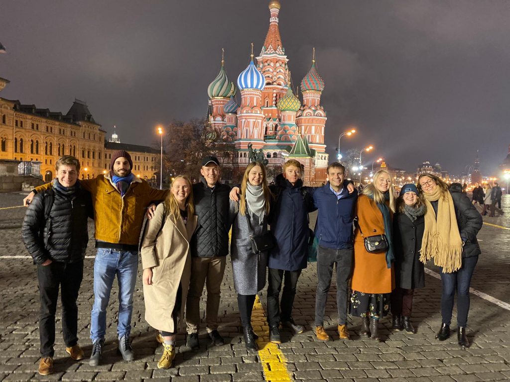 Young professionals on a night out in Red Square (left to right): Elliot Serbin, Center for International Security and Cooperation (CISAC), Stanford University; Maxime Polleri, CISAC, Stanford, Elizaveta Likhacheva, Moscow Engineering Physics Institute (MEPhI); William Heerdt, Monterey Institute for International Studies; Anna Kudriavtseva, MEPhI; Daine Danielson, University of Chicago; James McKeon, Nuclear Threat Initiative; Ksenia Pirnavskaya, MEPhI; Gabriela Levikow, CISAC, Stanford; and Katie McKinney, CISAC, Stanford.