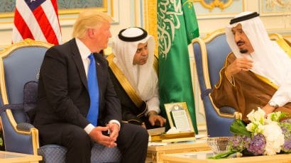 President Donald Trump and King Salman bin Abdulaziz Al Saud of Saudi Arabia talk together during ceremonies, Saturday, May 20, 2017, at the Royal Court Palace in Riyadh, Saudi Arabia. (Official White House Photo Shealah Craighead)