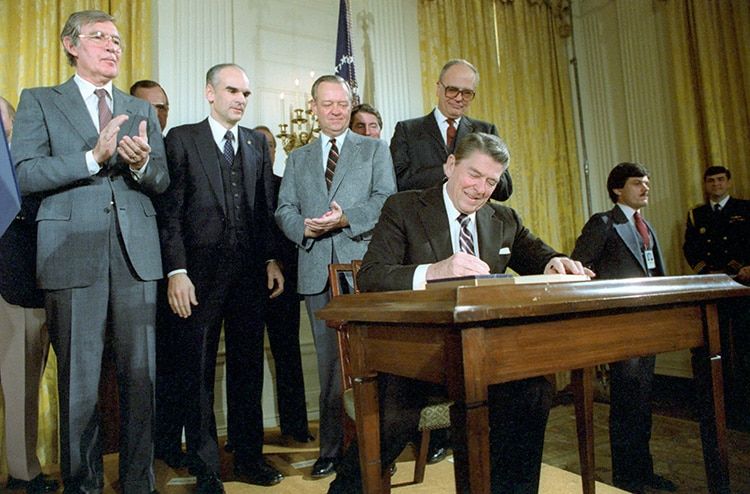 President Ronald Reagan at a signing ceremony for the Nuclear Waste Policy Act of 1982