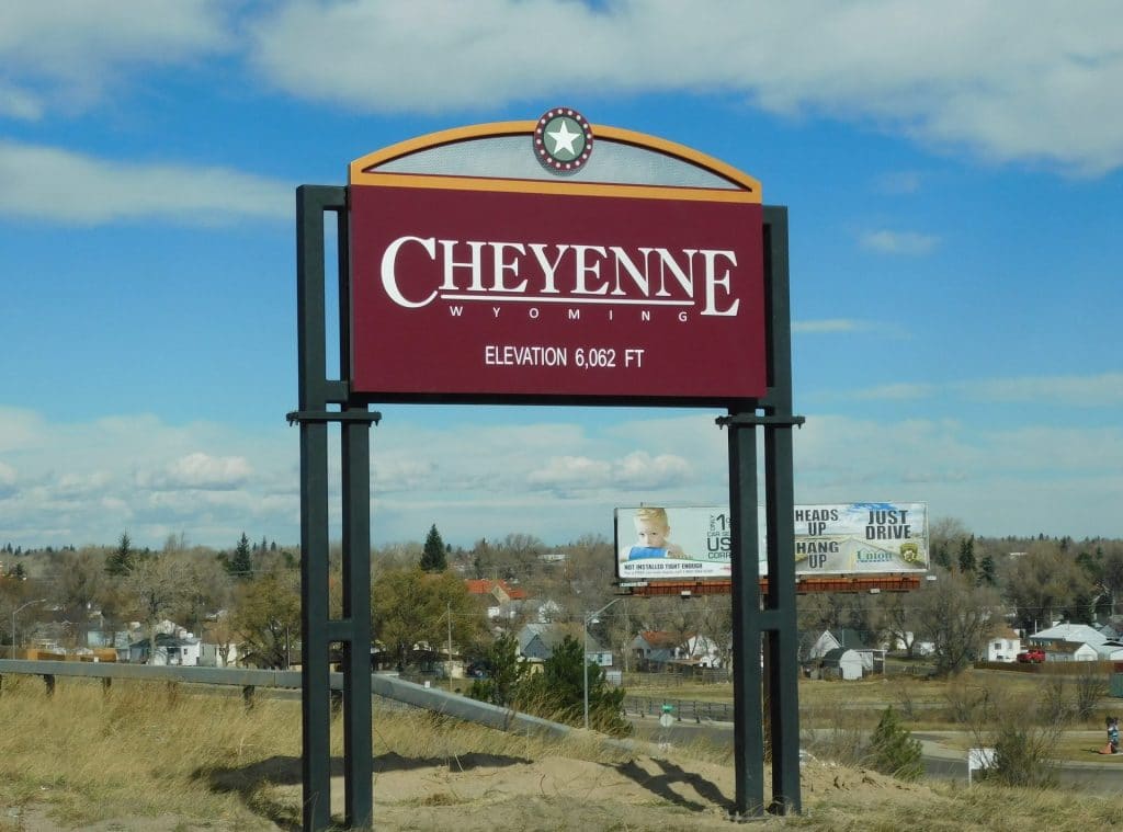 A sign showing Cheyenne, Wyoming city limits