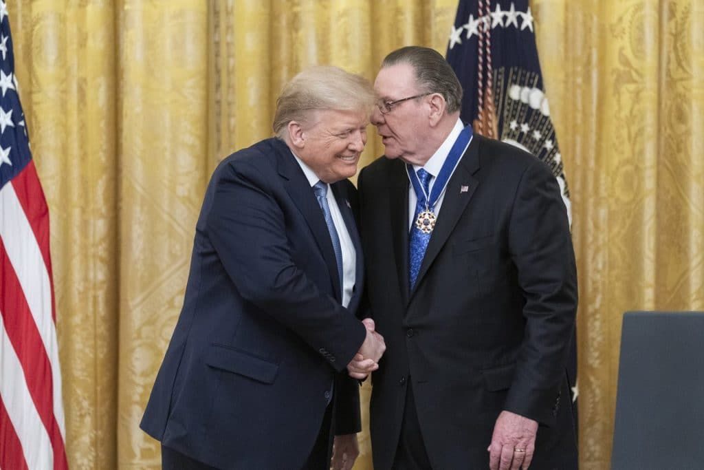 President Trump shakes hands after presenting the Presidential Medal of Freedom to retired four-star US Army General Jack Keane on March 10, 2020.