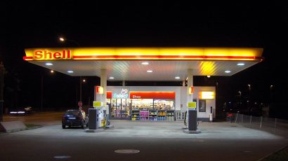 Shell gas station at night