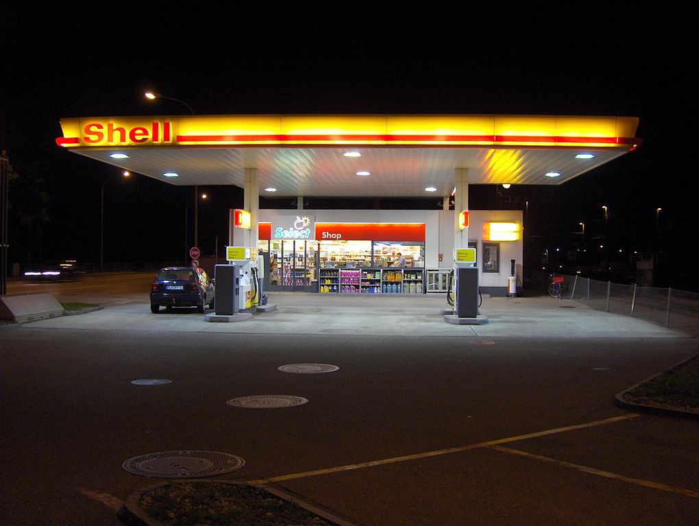 Shell gas station at night