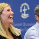 ICAN’s Beatrice Fihn (left) and ICAN coordinator Daniel Hogsta at a press conference after the group won the Nobel Peace Prize in October 2017.