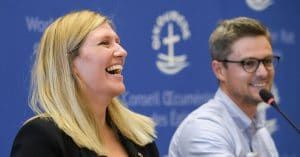 ICAN’s Beatrice Fihn (left) and ICAN coordinator Daniel Hogsta at a press conference after the group won the Nobel Peace Prize in October 2017.