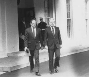 Senators Sam Nunn and Richard Lugar leaving in the White House in November 1991 after briefing President George H. W. Bush on the Nunn-Lugar legislation. US government photo.