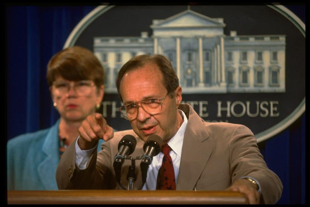 Then-Defense Secretary William Perry (with Attorney General Janet Reno) in the White House press room in 1994. (Photo by Dirck Halstead/The LIFE Images Collection via Getty Images)