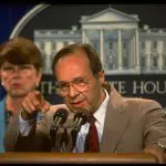 Then-Defense Secretary William Perry (with Attorney General Janet Reno) in the White House press room in 1994. (Photo by Dirck Halstead/The LIFE Images Collection via Getty Images)