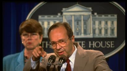 Then-Defense Secretary William Perry (with Attorney General Janet Reno) in the White House press room in 1994. (Photo by Dirck Halstead/The LIFE Images Collection via Getty Images)