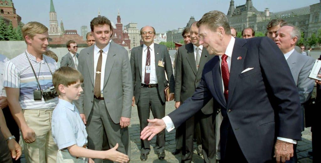US President Ronald Reagan visits the Soviet Union in the waning days of the Cold War.
