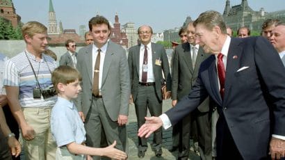 US President Ronald Reagan visits the Soviet Union in the waning days of the Cold War.