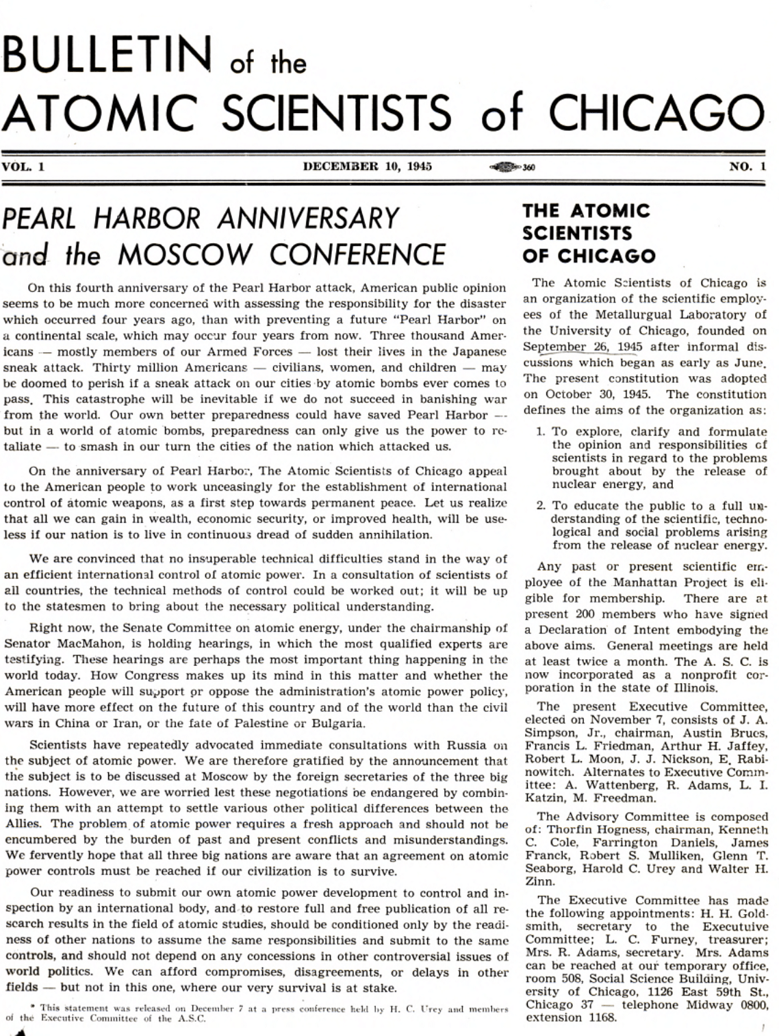 The Bulletin's first issue, dated Dec. 10, 1945