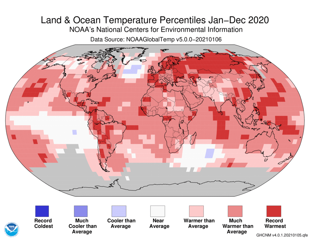 World map of global average temperatures shows a warmer-than-average 2020