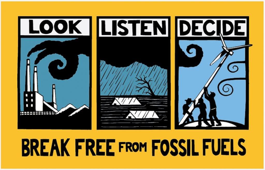 bright protest banner about fossil fuels
