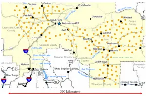 Figure 1. Yellow circles show the locations of the 150 Minuteman III silos and 15 launch-control centers associated with Malstrom Air Force Base, Montana.