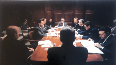 Shultz (front left) and the author (left rear) at a 1987 National Security Council meeting on missile defense and arms control. Other participants, from left to right: Energy Secretary John Herrington, Science Advisor William Graham, Special Assistant to the President and NSC Senior Director Robert Linhard, National Security Advisor Frank Carlucci, Arms Control and Disarmament Agency Director Kenneth Adelman, CIA Deputy Director Robert Gates, Vice Chairman of the Joint Chiefs of Staff Gen. Robert Herres, and Secretary of Defense Caspar Weinberger. (White House photo.)