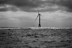 BW photo of Block Island test windmill and seagull