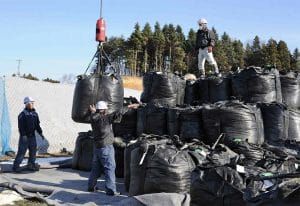 Ground view bags radioactive soil Fukushima