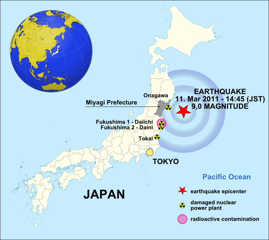 Map of Japan showing the March 11, 2011 earthquake. Credit: W. Rebel via Wikimedia Commons. CC BY-SA 3.0.