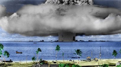 A nuclear weapon test by the US military at Bikini Atoll in 1946. Credit: US Defense Department image via Wikimedia Commons, licensed with PD-USGov-Military.