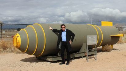 Alex Wellerstein leans against an Mk-17 hydrogen bomb casing at the National Museum of Nuclear Science and History in Albuquerque, New Mexico. Permission: Alex Wellerstein.