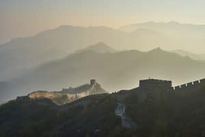 Great Wall of China and hazy mountains