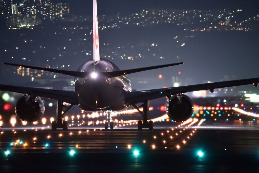 plane about to take off at night