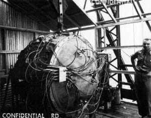 Gadget, the plutonium-powered nuclear bomb used in the Trinity test, July 16, 1945. Photo accessed via Flickr under CC BY 2.0 license.