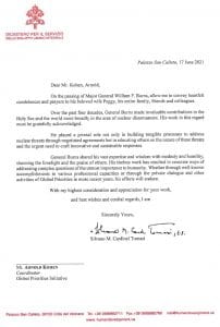 A condolence message from the Vatican to the author regarding Maj. Gen. William F. Burns. Used with permission.