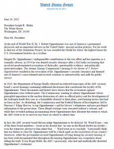 Page 1 of Sens. Patrick Leahy, Edward Markey, Jeffery Merkley, and Martin Heinrich letter to President Biden asking to clear Oppenheimer’s name.