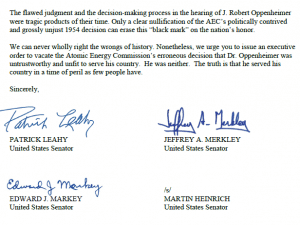 Page 2 of Sens. Patrick Leahy, Edward Markey, Jeffery Merkley, and Martin Heinrich letter to President Biden asking to clear Oppenheimer’s name.