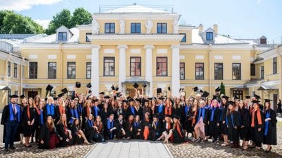Smolny College Commencement, 2019. Smolny College—the first liberal arts program in Russia—was founded as a dual-degree program between Bard College in the United States and St. Petersburg University in Russia. Last month, the Russian State Prosecutor’s Office labeled Bard College “undesirable,” which criminalized Bard’s decades-long partnership with St. Petersburg University. Photo credit: Bard College. Used with permission.