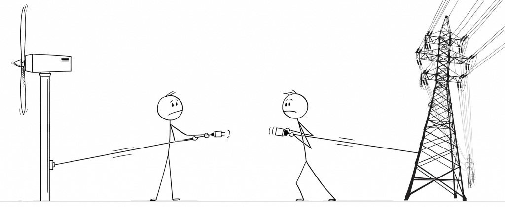 cartoon of two people failing to connect windmill and power grid wires