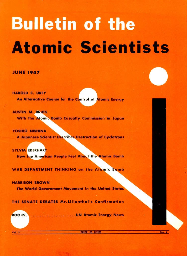 The first cover of the Bulletin's magazine, designed by artist Martyl Langsdorf.