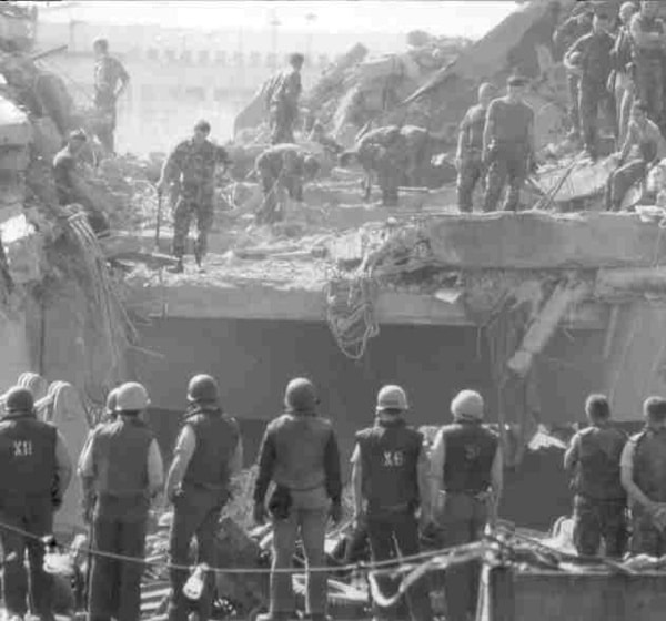 Rescue and clean-up crews search for casualties following the barracks bombing in Beirut on October 23, 1983. If negotiators hope to revive the Iran nuclear deal, they must address the billions of dollars’ worth of civil judgments by US victims of terrorism against Iran. Photo credit: United States Marine Corps. Public domain image.