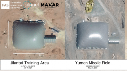 Satellite images show hundreds of missile missile silos under construction under inflatable domes at three missile fields and a training area in north-central China. Satellite images © 2021 Maxar Technologies and © 2021 Planet Labs, Inc. All rights reserved. For media licensing options, please contact fas@fas.org