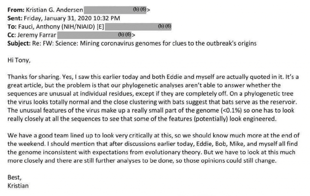 A key email from Kristian Andersen to Anthony Fauci.