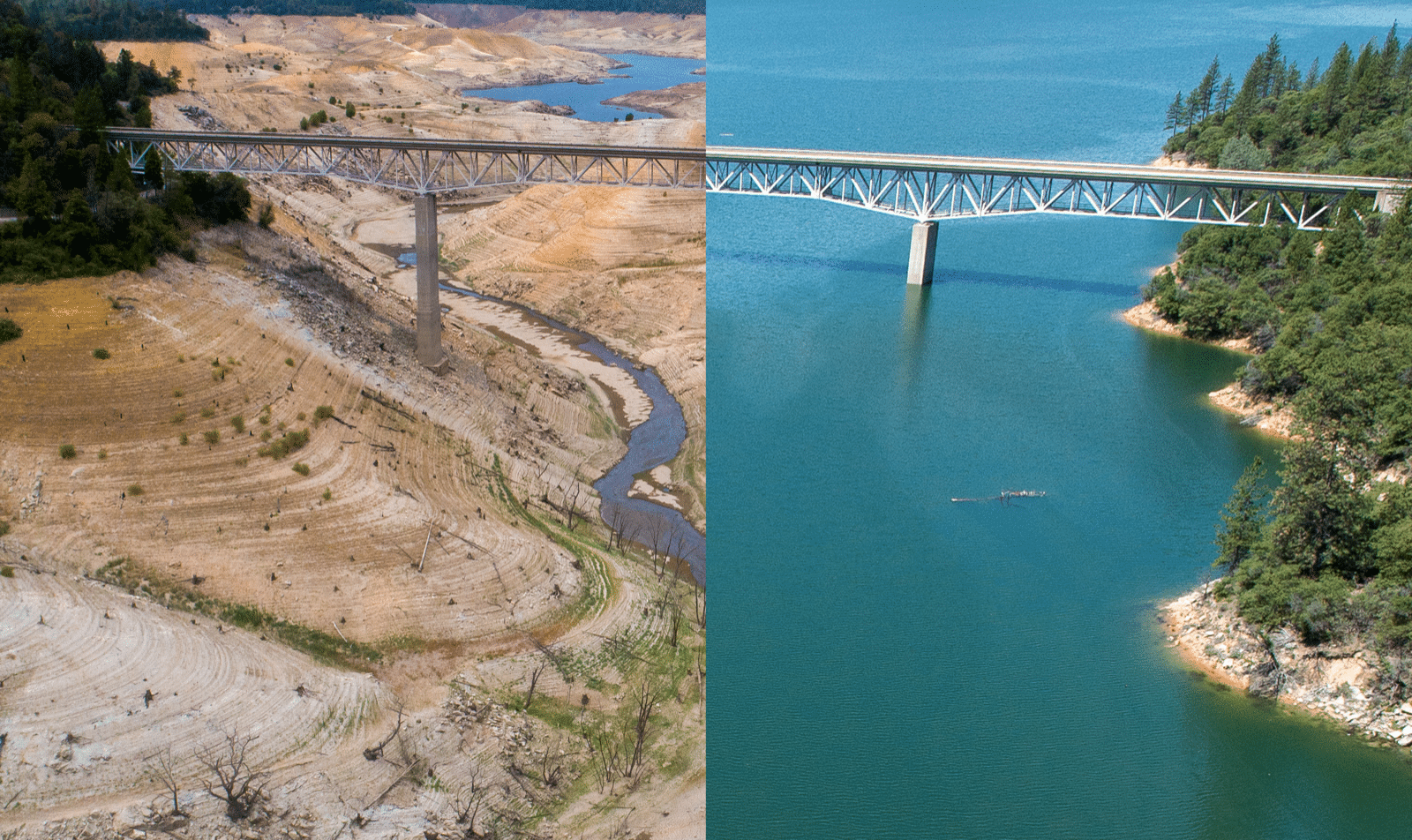 A view of Lake Oroville at 96 percent capacity on May 11, 2016 (right), and in drought conditions on July 26, 2021 (left). Move slider to reveal photo