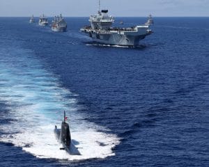 HMS Queen Elizabeth and USS The Sullivans with the United Kingdom Carrier Strike Group joined ships with NATO Standing Maritime Groups One and Two for an impressive display of maritime power in the Eastern Atlantic on 28 May 2021. The rendezvous was part of Steadfast Defender 21, a large scale defensive exercise designed to test NATO’s ability to rapidly deploy forces from North America to the coast of Portugal and the Black Sea region. (Royal Navy photography by LPhot Unaisi Luke)