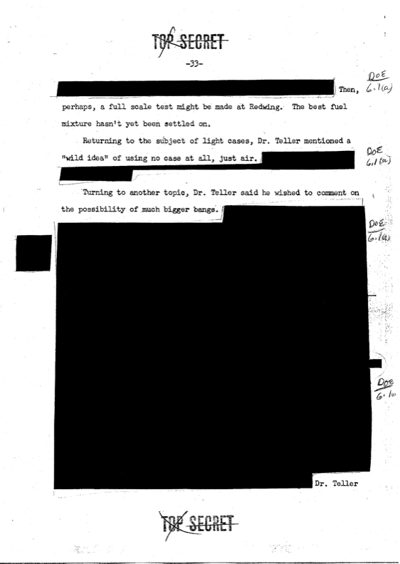 One of many heavily redacted pages in Cold War-era reports about US plans for "superbombs." Edward Teller's enthusiasm for "bigger bangs" is hinted at in these minutes from July 1954 meetings of the General Advisory Committee to the US Atomic Energy Commission.