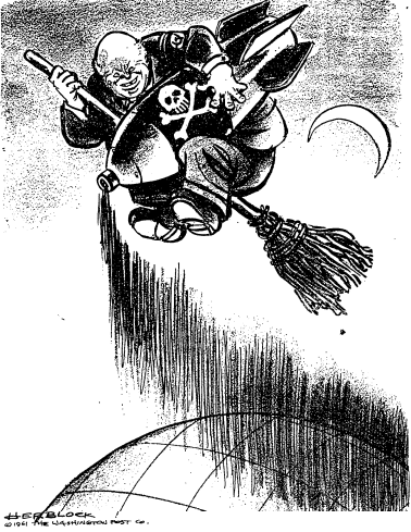 Titled "Autumn Haze", this October 1961 cartoon by Herb Block depicts Soviet premier Nikita Khruschev as a witch on a broomstick, just in time for Halloween.