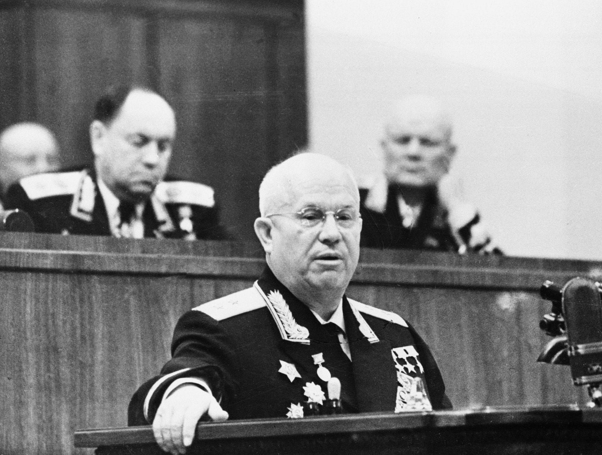 Russian Premier Nikita Khrushchev addresses a cheering rally in Moscow on June 21, 1961.  Khrushchev threatened to sign a peace treaty with East Germany before the end of the year and said Russia would resume nuclear tests as soon as the United States started testing again. (AP Photo)