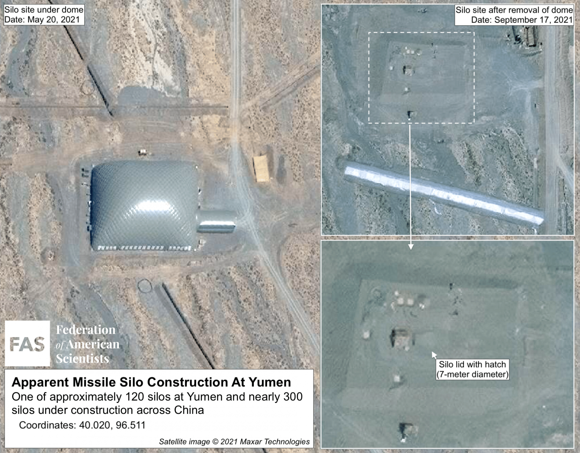 Satellite images show clear features of silo construction near Yumen in central China. Satellite photo source: Maxar Technologies.