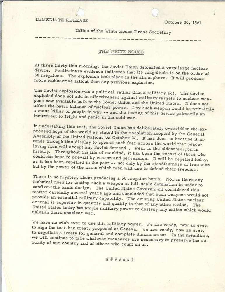 The Kennedy administration's official statement immediately following the Tsar Bomba test on October 30, 1961.