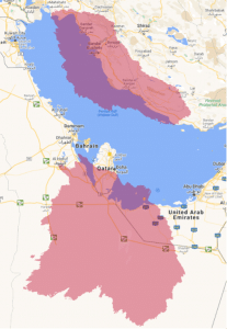Map showing areas in the Persian Gulf with higher than 10 percent probability of receiving above 1.5 megabecquerels per square meter of contamination following a radiation release from a spent nuclear fuel fire in Barakah and Bushehr.