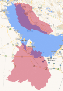 Map showing areas in the Persian Gulf with higher than 10 percent probability of receiving above 1.5 megabecquerels per square meter of contamination following a radiation release from a spent nuclear fuel fire in Barakah and Bushehr. 